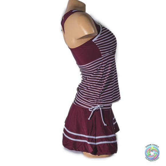 Miyang Maroon/White Striped Tankini Swimdress M ๐ - Picture 2 of 10